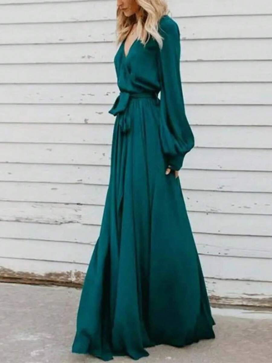 Long, Plain Dress With A Deep V-Neck, New Season European Style, Elegant, Best-Selling Women's Party Dress. - 綠色 - 查看 1