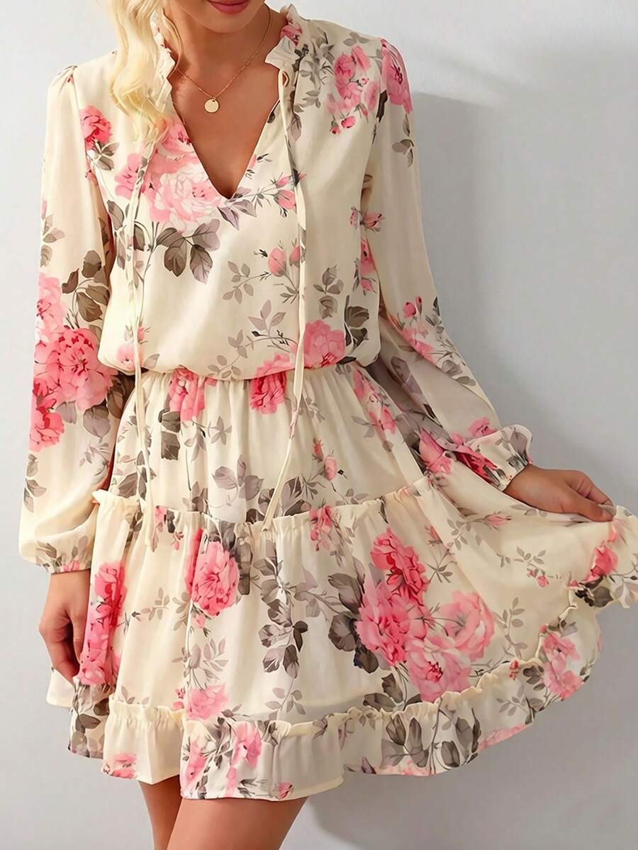 Vestido Elegante de Manga Longa com Decote em V e Estampa Floral Feminino - Bege - Visão 1