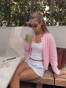 Women's Minimalist School Style Solid Color Round Neck Ribbed Front Button Casual Versatile Long Sleeve Soft Girl Pastel Pink Cardigan Sweater Macaron Color Cozy Knitwear - Pink - View 2