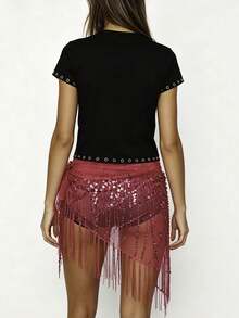 Women Y2K Glam Fringe Belly Wrap, Sequin Embellished Sheer Mesh Asymmetrical Tie Waist Skirt Cover Up For Club Party  Night Out - 粉色 - 查看 2