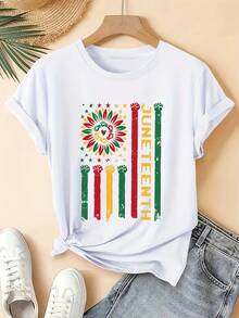 Camiseta de manga corta para mujer, de estilo vibrante y reconfortante, con estampado divertido de puño de girasol de JUNETEENTH, tela cómoda y transpirable, camiseta casual de cuello redondo para el verano, diseño divertido para uso diario, adecuada para citas con amigas y eventos de junio, disponible en tallas S-XXL. - Blanco - Ver 1