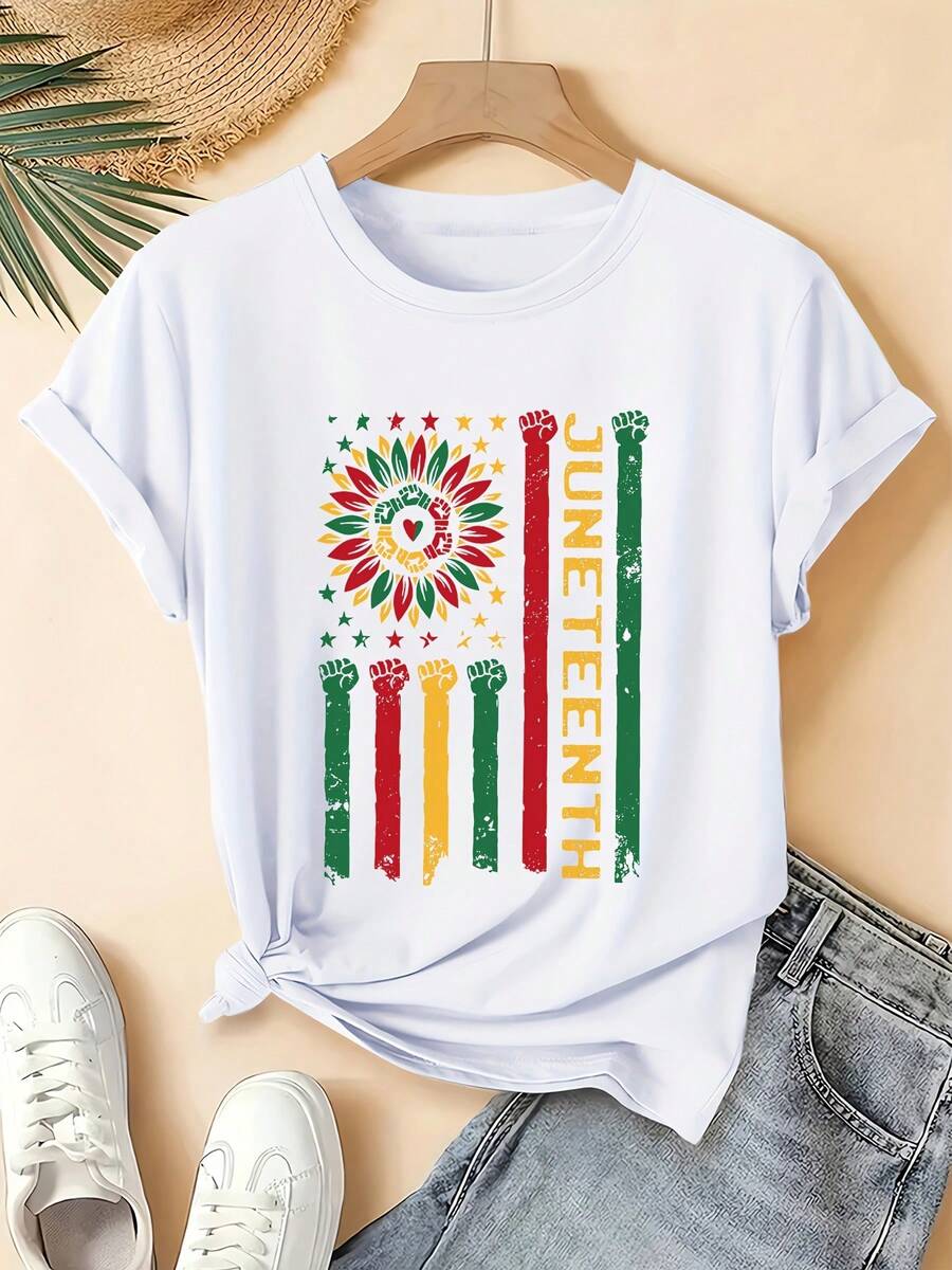 Camiseta de manga corta para mujer, de estilo vibrante y reconfortante, con estampado divertido de puño de girasol de JUNETEENTH, tela cómoda y transpirable, camiseta casual de cuello redondo para el verano, diseño divertido para uso diario, adecuada para citas con amigas y eventos de junio, disponible en tallas S-XXL. - Blanco - Ver 1