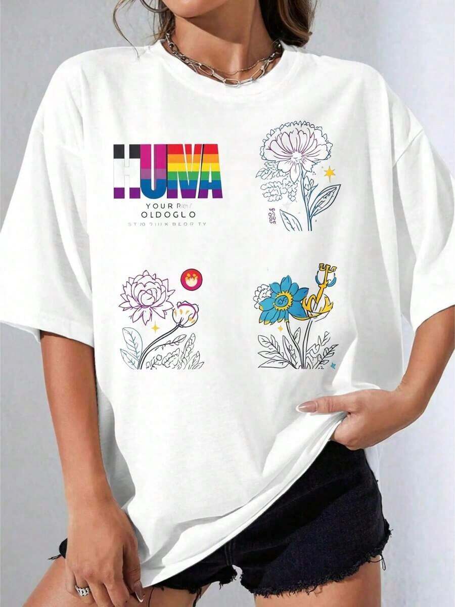 Women's T-Shirt Gift Set, Casual Short Sleeve Party T-Shirt, Oversized White T-Shirt With Floral And Anchor Print With Rainbow Moon Logo, Urban Casual Clothing For Women, Soft Summer Outfit - 白色 - 查看 1