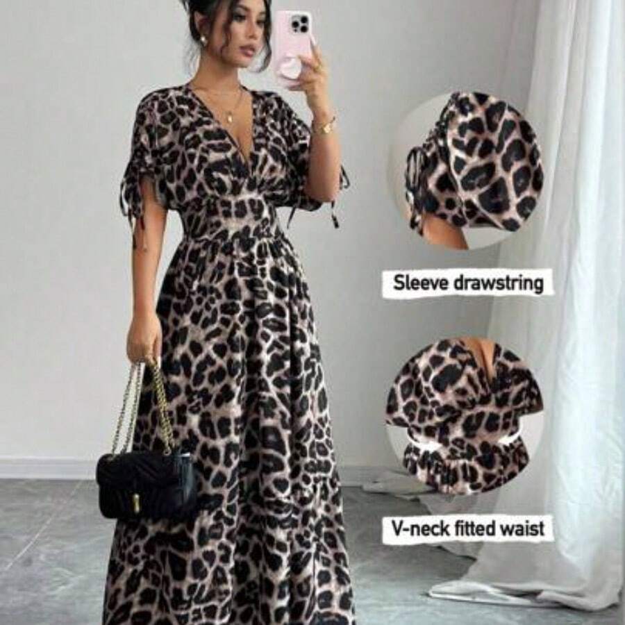 Nana's Women's Clothing Store Vestido largo con escote en V, cintura ceñida y estampado de leopardo, de manga media en corte evasé para mujer - Caqui - Ver 1