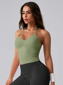 NcmRyu 1pc Women's Solid Color Adjustable Spaghetti Strap V-Neck Ruched Open Back Sports Camisole - Green - View 9