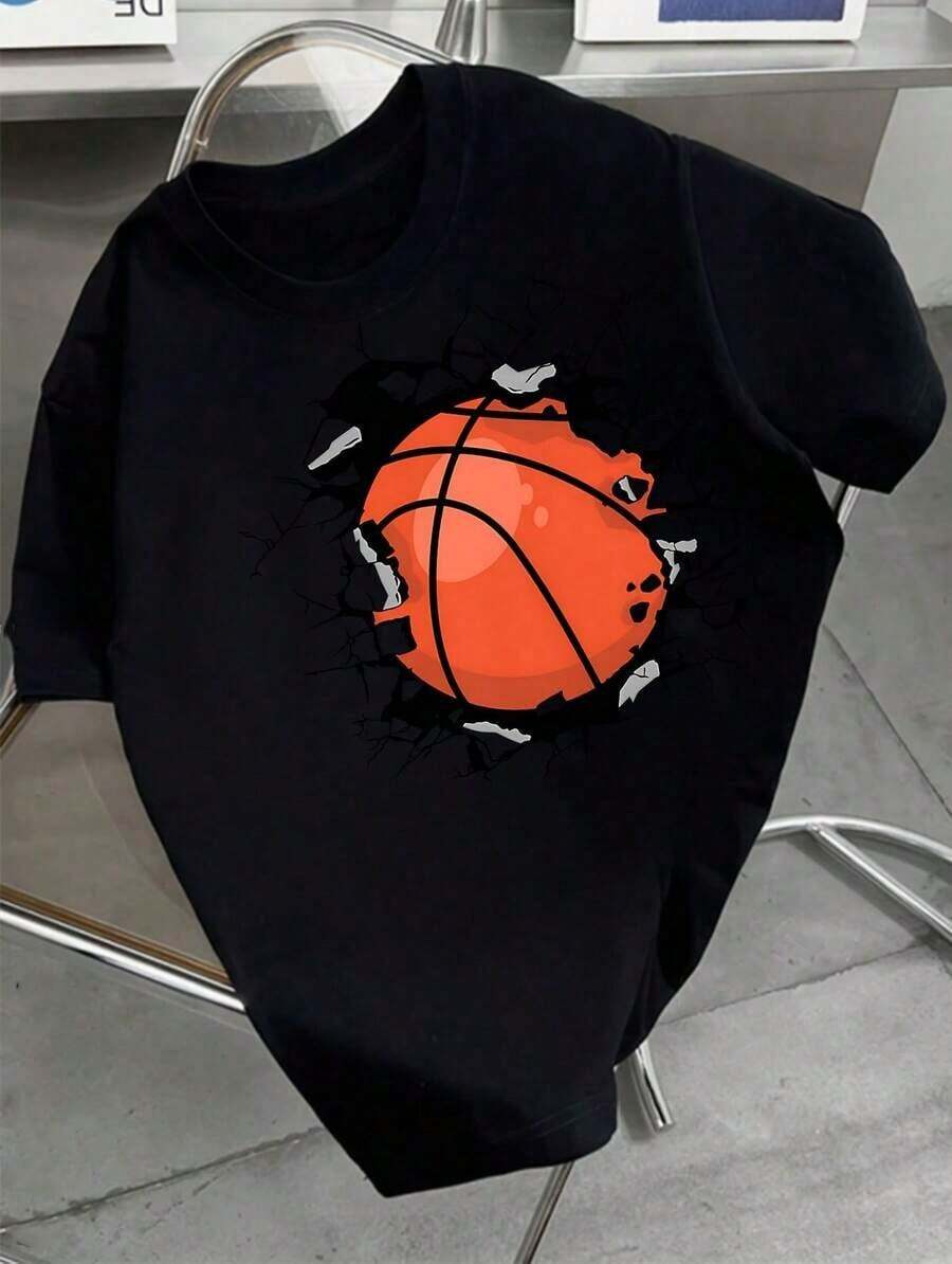 Casual Crew Neck T-Shirt For Boys, Made Of High-Elastic Polyester With Geometric Basketball Print, Regular Fit For Teenagers, Autumn Collection, Sportswear, Knitted, Breathable, Short Sleeve, Youth Sportswear. - 黑色 - 查看 1