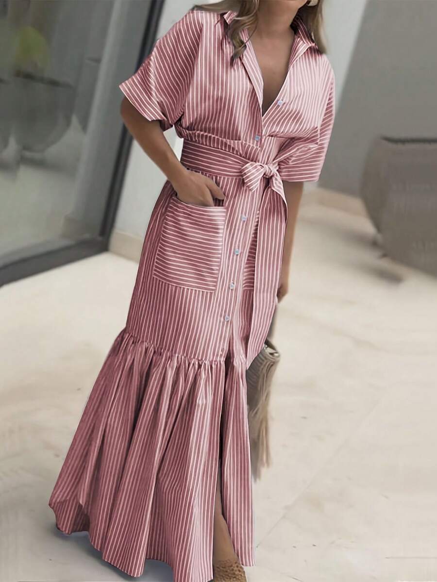 Ladies' Elegant Long Dress - From Formal Occasions To Daily Occasions, With A Waist Cinching And Slimming Cut, Suitable For Workplace Attire - 藕色 - 查看 1