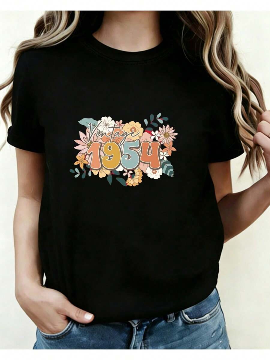 Camiseta Estampada para Mujer - Camiseta Casual de Manga Corta y Cuello Redondo con Gráfico Floral 1954 en Colores Vibrantes, Corte Relajado para Todas las Estaciones, Perfecta para Uso Diario y Ocasiones Especiales (Lavable aáquina). - Negro - Ver 1