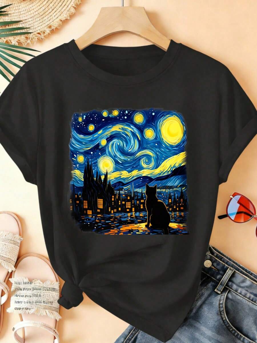 Camiseta Deportiva Casual para Mujer con Ilustración de Gato en Noche Estrellada - Camiseta Negra Elástica de Cuello Redondo, Lavable aáquina, Confortable y Apta para Todas las Estaciones, para Uso Diario y Actividades al Aire Libre. - Negro - Ver 1