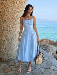Vestido largo nuevo de verano para mujer, estilo vacacional, top tubo de tirantes, versátil, diseño favorecedor, fresco, perfecto para playa, vacaciones, fiestas y looks de día - Azul - Ver 1