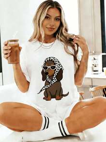 Women's Plus Size Summer Casual T-Shirt With Dachshund Print, Leopard Scarf, And Sunglasses, Oversized Dog Lover T-Shirt, Casual Short Sleeve - 白色 - 查看 11