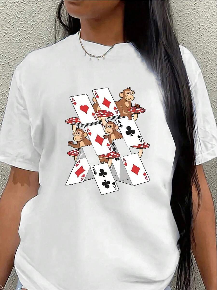 Camiseta de manga corta de poliéster, con diseño de cartas de póker y monos, ligera y duradera, adecuada para uso casual en casa o en restaurantes.blusa casual mujer - Blanco - Ver 1