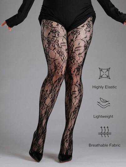 1 par de medias de red con estampado floral para mujeres, de moda, ligeras, transpirables, de alta elasticidad, perfectas para uso diario, ir a la oficina y fiestas