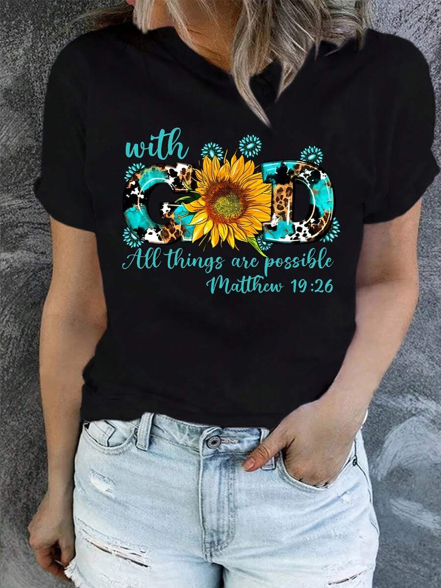 Camiseta Deportiva Casual para Mujer de Color Negro con Diseño de Texto Bíblico en Turquesa y Marrón - Camiseta Elástica de Cuello Redondo, Lavable aáquina, Ajuste Cómodo, para Todas las Estaciones, Prenda Versátil para el Día a Día. - Negro - Ver 1
