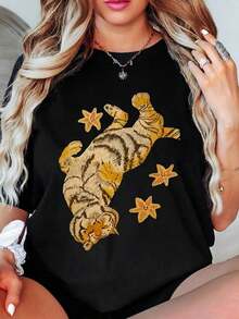 Round Neck T-Shirt With Tiger And Starfish Print For Casual Wear. Women's Casual Blouse - 黑色 - 查看 7