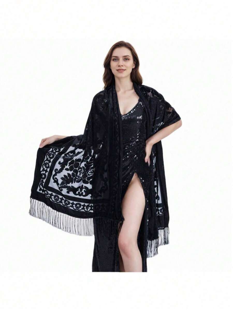 1件女款玫瑰提花天鵝絨流蘇長圍巾,時尚優雅圍巾,適用舞蹈、派對、節慶的多功能披肩,高端精緻圍巾 - 黑玫瑰 - 查看 1