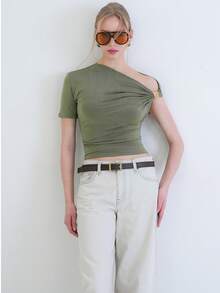 ASİMETRİK YAKA DRAPELİ OMUZ AKSESUARLI SANDY BLUZ - Mint Green - View 5