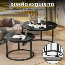 Juego de Mesa de Centro Nesting 2 Mesas Auxiliares Redondas Estructura de Metal Resistente con Tapa con Aspecto de Mármol Diseño Minimalista para Espacios Pequeños Salón Apartamento - Negro - Ver 5