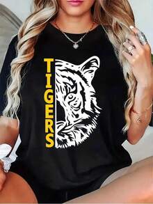 Women's Printed T-Shirt - Casual Short Sleeve Crew Neck T-Shirt In Black With A Striking White Tiger Face And Yellow Lettering. A Relaxed Fit For All Seasons, The Perfect Choice For Everyday Wear Or Your Holiday Outfits (Machine Washable) - Complete Your Look With Silver Jewelry. - 黑色 - 查看 1