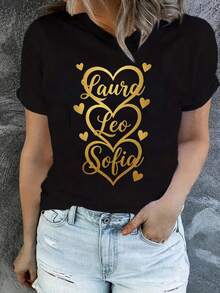 Camiseta Deportiva Casual para Mujer de Cuello en V Negro con Diseño en Texto Cursivo Dorado - Camiseta Elástica, Lavable aáquina, Confortable y Apta para Todas las Estaciones, para Uso Diario. - Negro - Ver 1