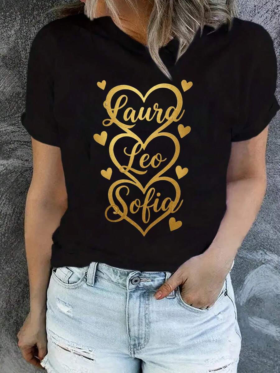 Camiseta Deportiva Casual para Mujer de Cuello en V Negro con Diseño en Texto Cursivo Dorado - Camiseta Elástica, Lavable aáquina, Confortable y Apta para Todas las Estaciones, para Uso Diario. - Negro - Ver 1