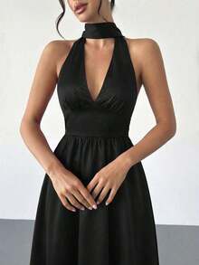 High-Waisted Midi Dress With A V-Neck And Open Back, In A Vintage French Polka Dot Style, Suitable For Valentine's Day, Concerts, Performances, Dates, Banquets, Weddings, Sexy, Elegant, Back To School, Vacation, Beach, Romantic - 黑色 - 查看 4