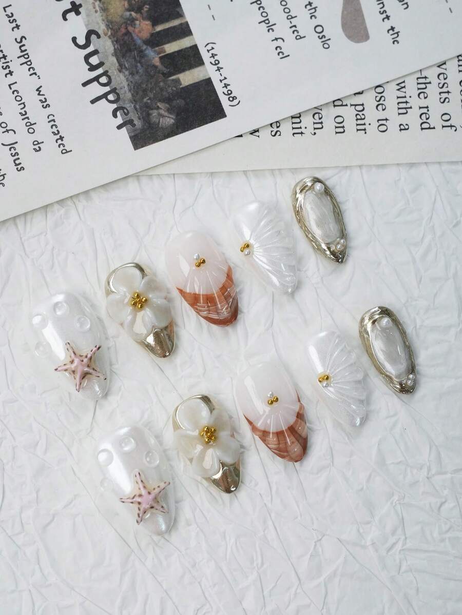 MYY OBM Bộ móng nghệ thuật hình quả hạnh mang phong cách nhẹ nhàng, nữ tính kết hợp giữa châu Âu và Mỹ rất phù hợp cho mùa tốt nghiệp, kỳ nghỉ và các chuyến đi. - Màu be - Xem 1
