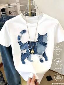 180g Made In Mexico, Spring/Summer 2026 Fashion Short Sleeve T-Shirt, Cartoon Print, Couple Style, Underwear/Outerwear, Casual Round Neck For Office, Unisex One Piece Top - 白色 - 查看 1