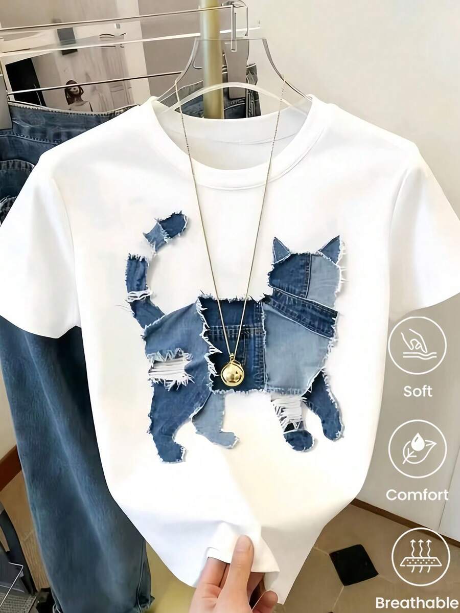 180g Made In Mexico, Spring/Summer 2026 Fashion Short Sleeve T-Shirt, Cartoon Print, Couple Style, Underwear/Outerwear, Casual Round Neck For Office, Unisex One Piece Top - 白色 - 查看 1