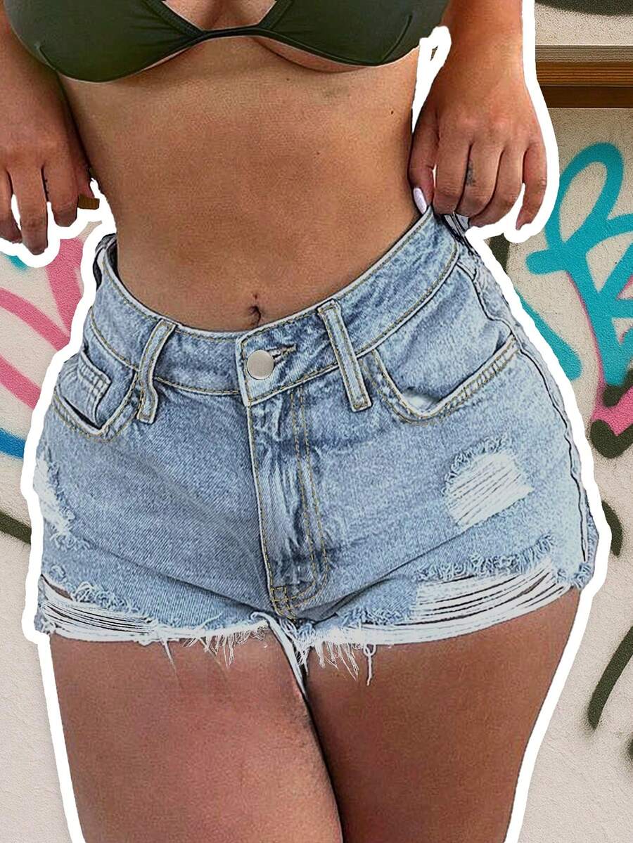 Short en jean vintage délavé pour femmes, décontracté pour l'été - Bleu azur - Voir 1