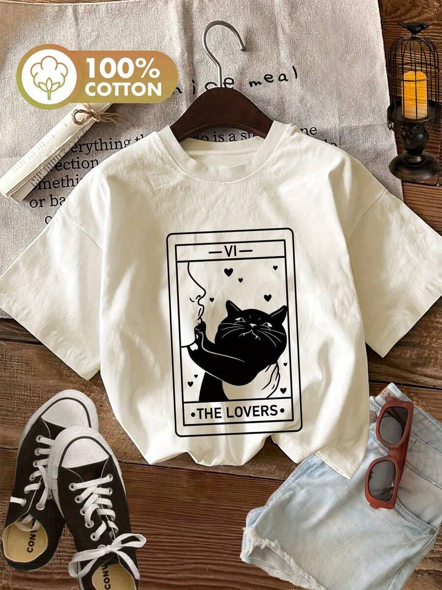 Camiseta con estampado gráfico, de manga corta y cuello redondo, top casual para verano y primavera, ropa de mujer - Albaricoque - Ver 1