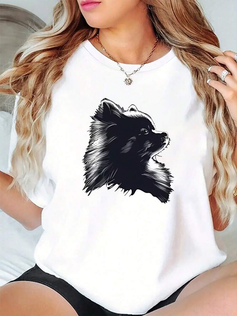 Nueva Camiseta de Mujer - Bonita Estampado de Pomerania en Blanco y Negro, Estilo Exquisito, Promoción de Verano, Top Cómodo y Transpirable para Primavera y Verano, Adecuada para Correr, Deportes, Fiestas, Celebraciones Festivas, Día de San Valentín, Navidad, Halloween