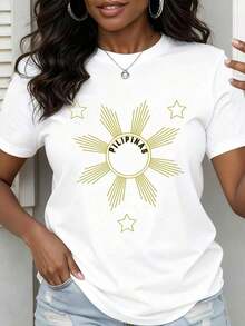 Women's Casual Short-Sleeved T-Shirt, Oversized, White, With Philippines Sun And Stars Print, For Everyday Wear And Celebrating National Pride, 100% Cotton. - 白色 - 查看 6