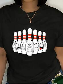 This Women's T-Shirt Features A Print Of Seven Bowling Pins, Each Decorated With Red Stripes And Unique Expressions. The Crew Neck Design Is Stylish And Versatile, Making It An Ideal Gift Choice For Streetwear Enthusiasts. It's Made From Breathable Fabric With A Cartoon Print. - 黑色 - 查看 7