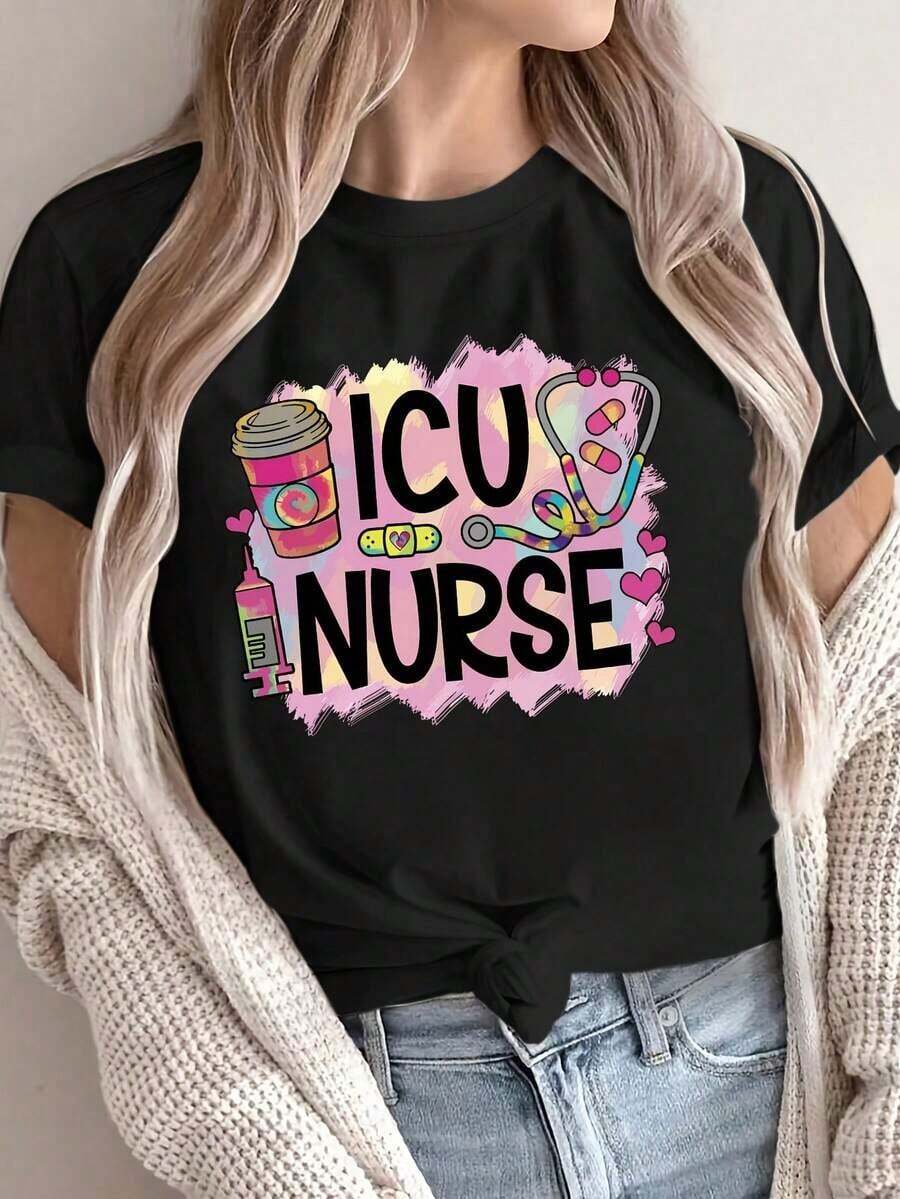 Camiseta de manga corta con estampado frontal para mujer, de tela cómoda y transpirable, estilo casual y Y, adecuada para primavera y verano. - Negro - Ver 1