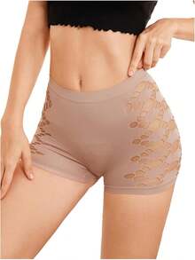 Women's High Waist Solid Black Shorts with Hollow Out Design, Slim Fit Stretchy Cut Out Side Yoga Shorts, Sexy Athleisure Bottoms - Albaricoque - Ver 2