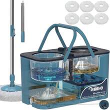 Superior Bronz Spin Mop For Large Homes And Big Floor Cleaning Clean And Dirty Water Separation Mop Bucket For Family And Pet Homes 4-Chamber System Glide Wheels  For Hardwood And Tile Adjustable Handle 6 Mop Heads - Xanh lam/Xám - Xem 7