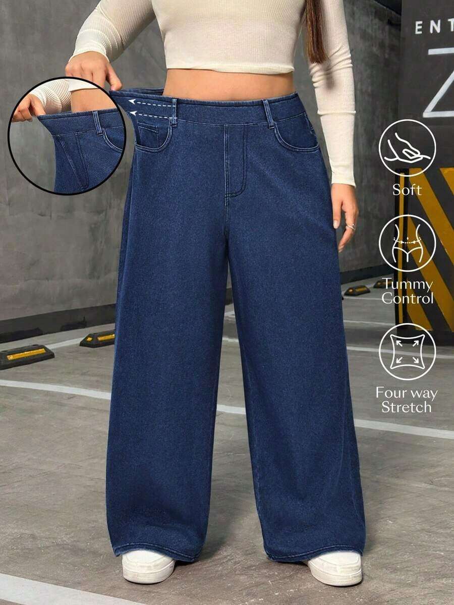 Jeans rectos casuales elásticos de talla grande para mujeres - Azul lavado oscuro - Ver 1