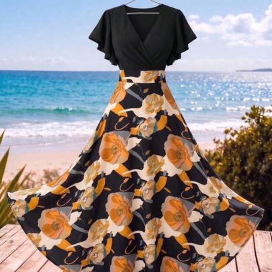 Vestido ajustado y acampanado con volantes y mangas de capa, con estampado de hojas de color rojo burdeos, para primavera/verano - Multicolor - Ver 1