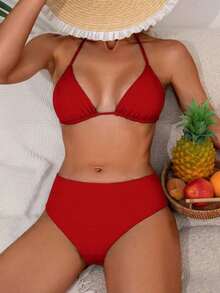 Conjunto de bikini de triángulo con taza sólida y ajustable de cintura alta sexy, para vacaciones de verano en la playa, color negro - Rojo - Ver 4