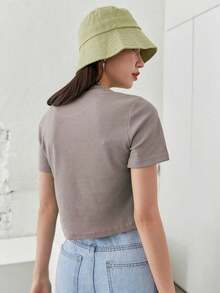 Camiseta de punto acanalado sólido, estilo "Old Money", Crop Tops, Ropa casual de negocios para mujer - Champán - Ver 5