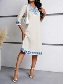 Vestido maxi casual y sencillo con estampado floral en el cuello, puños y dobladillo para mujer - Albaricoque - Ver 7
