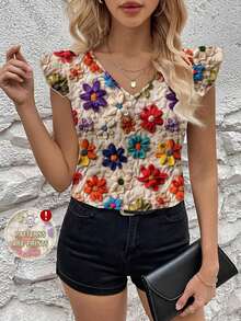 Camisa de mujer de manga corta con cuello en V, ajustada, con estampado retro rústico de flores 3D de punto sintético, adecuada para el verano, vacaciones y estilo elegante para mujeres - Multicolor - Ver 6