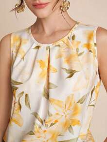 Blusa de cuello redondo sin mangas con estampado floral, nueva moda para mujer, ideal para otoño/invierno, vuelta al colegio, modesta, vintage, dinero antiguo, profesora, aeropuerto, verano - Multicolor - Ver 5