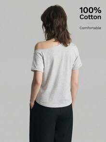 Camiseta de mujer de manga corta y hombro asimétrico, primavera/verano 2026.Camiseta casual urbana elegante con cuello asimétrico, adecuada para oficina, maestros, invitados de boda, vacaciones, casual de negocios, versátil - Gris - Ver 4