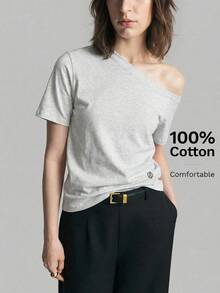 Camiseta de mujer de manga corta y hombro asimétrico, primavera/verano 2026.Camiseta casual urbana elegante con cuello asimétrico, adecuada para oficina, maestros, invitados de boda, vacaciones, casual de negocios, versátil - Gris - Ver 9