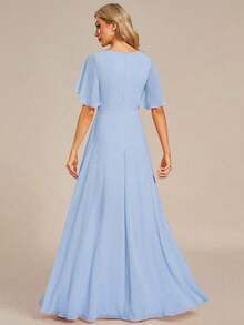 Elegante vestido de dama de honor de gasa con cuello en V, mangas con volantes bordados y plisados, vestido de noche formal para invitados de boda - Celeste 2 - Ver 2