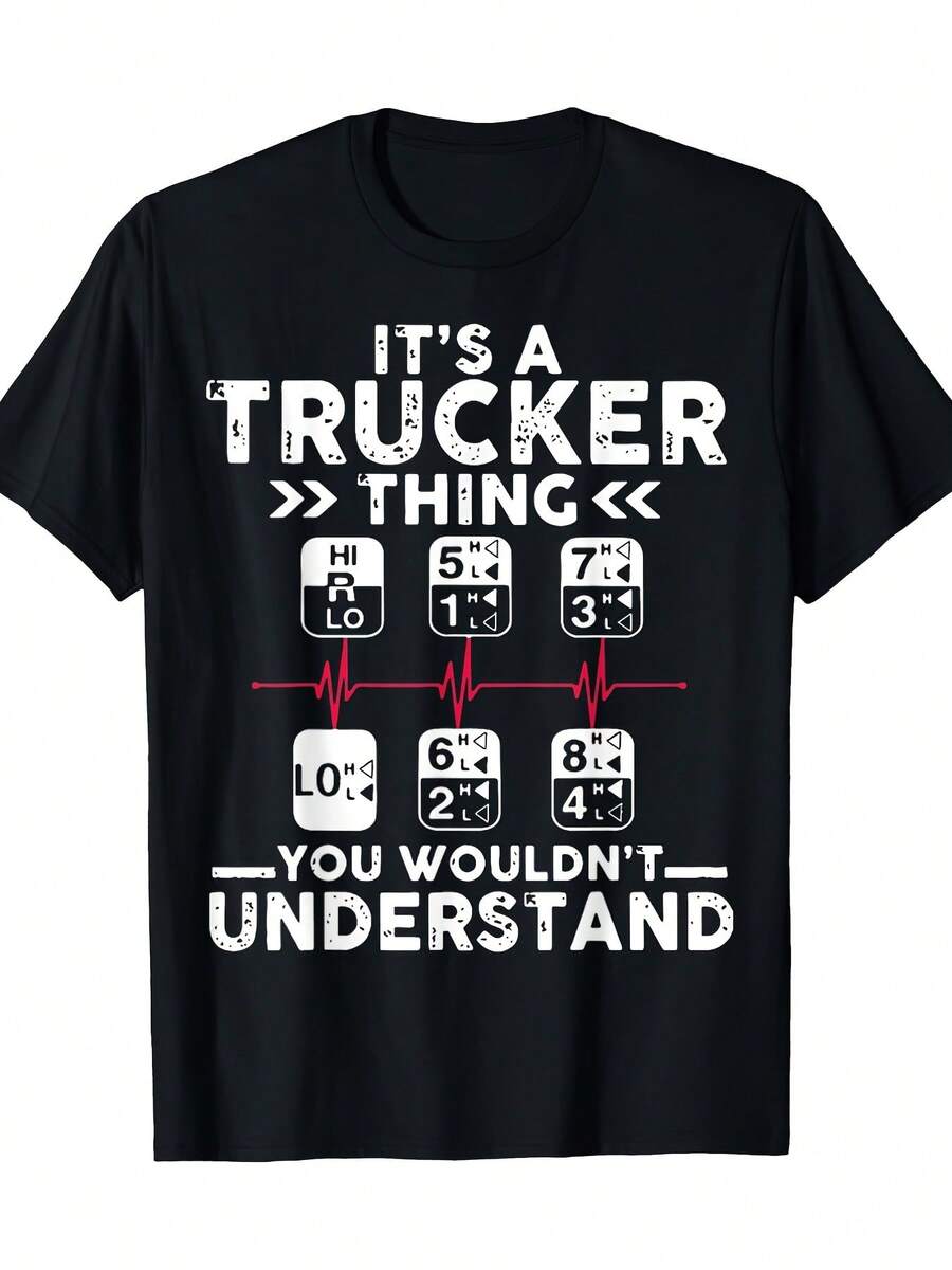 Camiseta Unisex para Hombres y Mujeres con Gráfico de Palanca de Cambios, Lema Divertido para Camioneros, 100-200g, de Peso Pesado, de Corte Holgado, Casual, de Manga Corta y Cuello Redondo, para Entusiastas de los Camioneros, Cómoda para Todas las Temporadas. - Negro - View 1