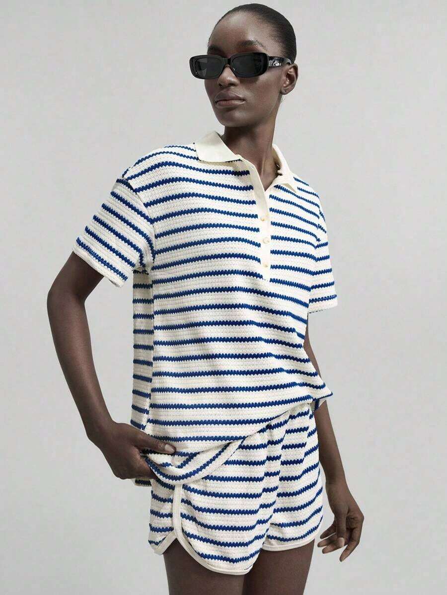 Conjunto de 2 piezas para mujer Verano 2026SS, top de polo de manga corta con rayas de contraste y shorts con bolsillos, adecuado para uso casual, de negocios, vacaciones, playa, fiesta de cumpleaños, uniforme de maestro, viajes, estilo urbano chic, - Azul - Ver 1