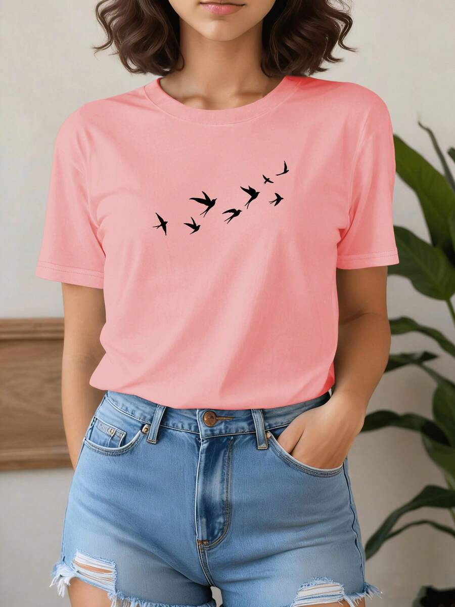 New 2026 Fashion Style Pure Short Sleeve T-Shirt With Flying Bird Print, Casual And Elegant Short Sleeve Top For Women's Summer Party Wear - 羅莎 - 查看 1